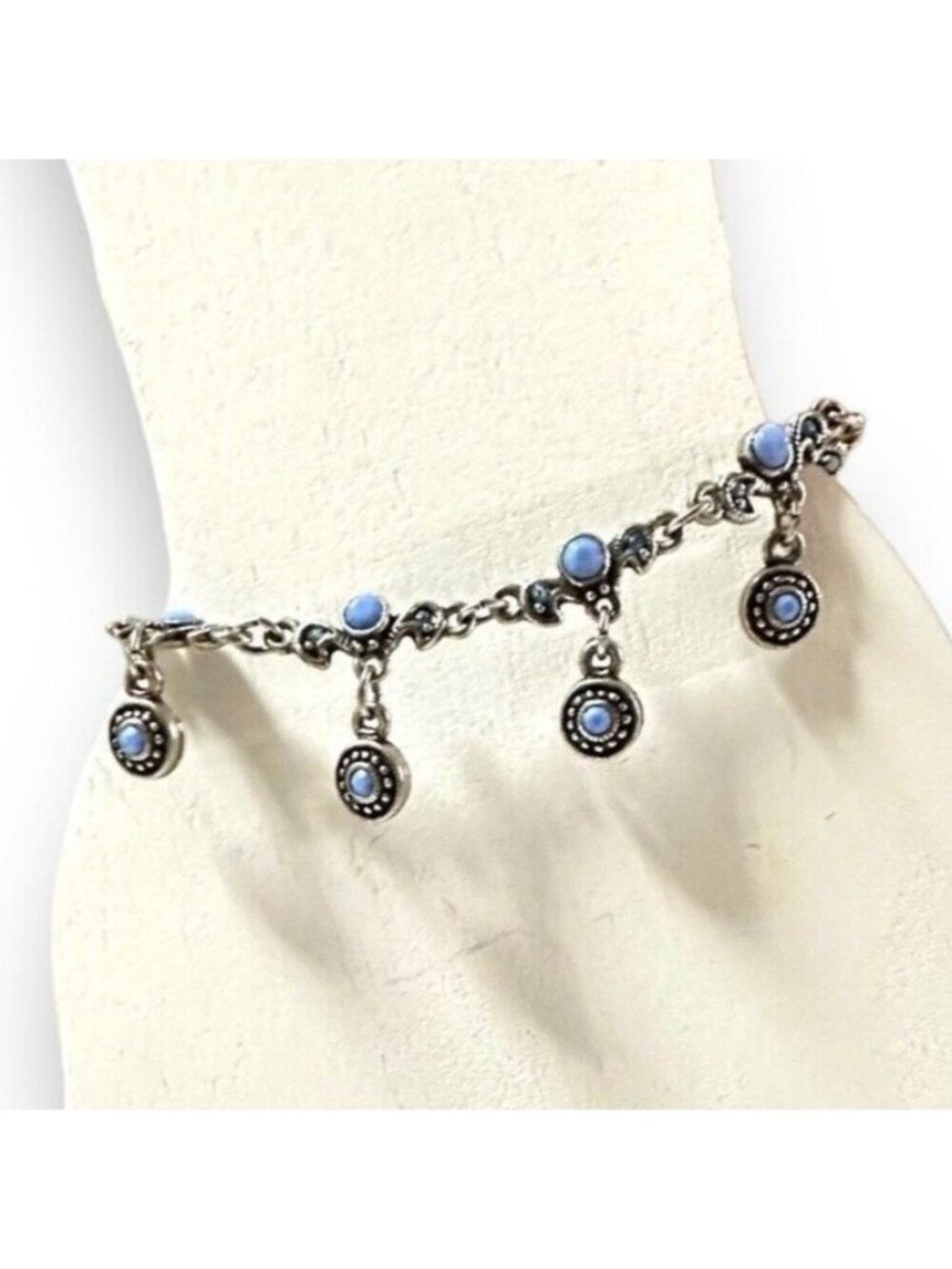 Premier Designs Vintage Antiqued Silver-tone Blue Rhinestone Charm Bracelet EUC